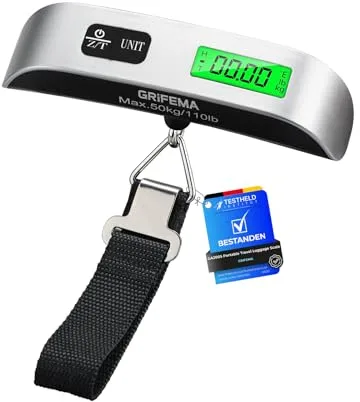 GRIFEMA GA2005 Báscula Maletas Viaje Portátil, Báscula de Equipaje con Pantalla LCD, Hasta 110 lb/50 kg, para Viajes al Aire Libre, Gris