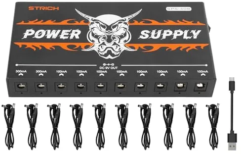 STRICH Fuente de alimentación de Pedal SPS-40B con Conectores Integrados de 10000 mAh, 10 Salidas CC 9 V (2 x 300 mA, 8 x 100 mA) para Pedales de bajo y Guitarra, batería Recargable, Pedal de Efecto