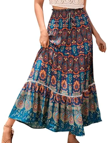 Genfien Faldas Largo para Mujer 2 en 1 Cintura Elástica Alta Falda Larga Bohemia para Mujer Maxi Falda Largos Línea A de Verano para Vacaciones Playa Casual Talla única