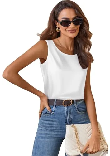Zeagoo Top de Satén Elegante para Mujer Blusa Cuello Redondo Básico sin Mangas Tirantes Verano Seda Blanco XXL