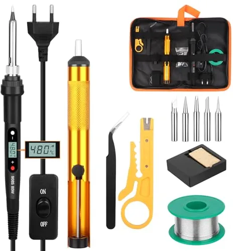 VFANDV Soldador de Estaño 80W Kit Profesional 13 en 1 Con Temperatura Ajustable 180℃-520℃ Para Reparación, DIY, Bombas de Soldadura