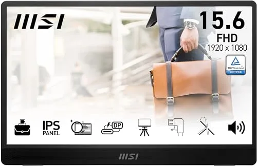 MSI Pro MP161 E2U Monitor portátil Full HD de 15,6", Panel IPS 1920 x 1080, 60 Hz, Pantalla Agradable a la Vista (PC, portátil, móvil), Altavoces, chasis y Soporte, Mini-HDMI 2.0b, 2 x USB Type-C