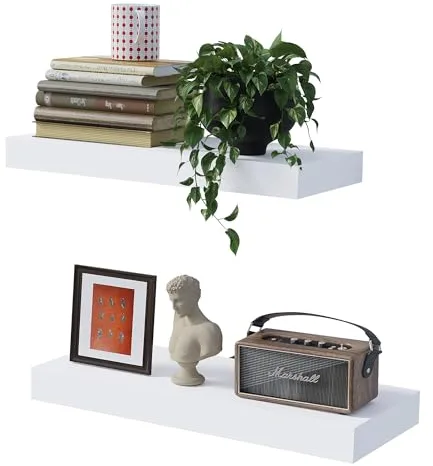 BONTEC Estantes de Pared, Paquete de 2 Balda de Pared de Baño Resistentes de 16 Pulgadas, Fácil de Instalar, Diseño Minimalista, Soporta 10kg Cada Uno, Blanco