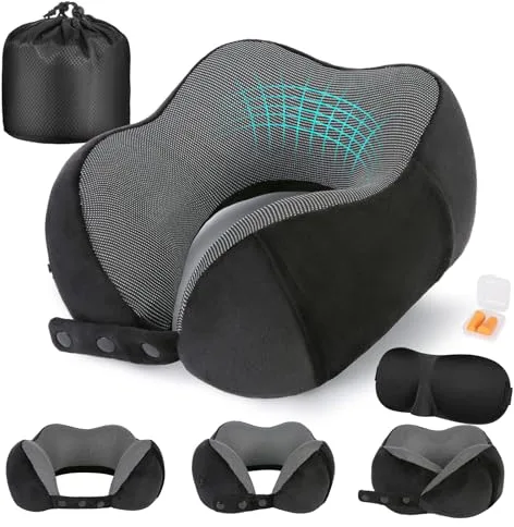 Cirorld Almohada de Viaje Cuello, Cojin de Viaje Cuello para Avión y Coche, Cojin Cervical Viaje Viscoelástica de Espuma Memoria, Ajustable y Compacta, con Máscara de Ojos, Tapones y Bolsa