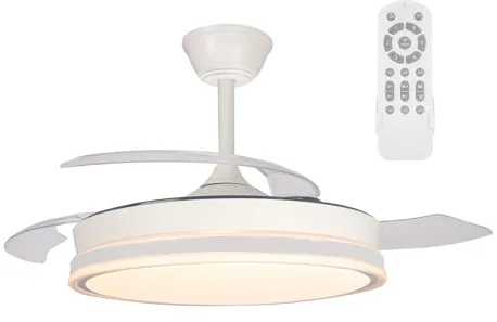 wonderlamp - Ventilador de techo retrláctil con aspas plegables Surpino Blanco, Ventilador de techo con luz LED 45W con Memoria de encendido y Mando a distancia CCT Regulable