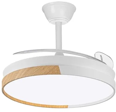 wonderlamp - Ventilador de techo con aspas retráctiles, Ventilador de techo con luz LED Arpino Blanco+Madera CCT 3000-4000-6000K, Intensidad Regulable 45W, Silencioso