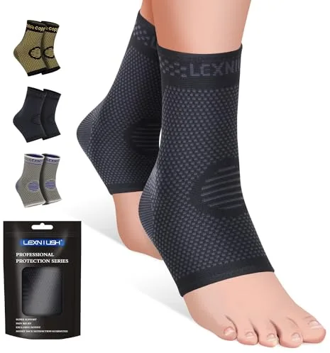 Lexniush Tobillera para Esguince, 2 PCS Calcetines Fascitis Plantar para Hombre y Mujer, Tobilleras Deportivas de Compresión, Tobilleras para Tendon de Aquiles, Artritis, Daño de Ligamentos, Negro, M
