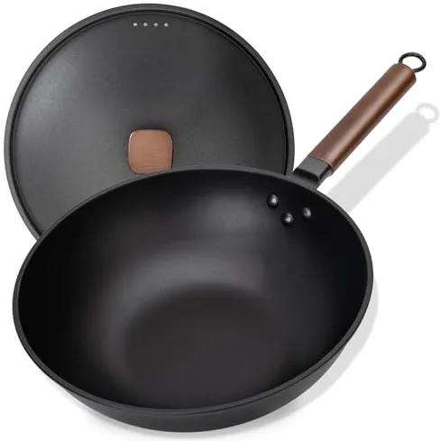 Jobin 33cm/5,6L Wok de Acero al Carbono Sartenes Antiadherentes con Tapa de Hierro - Sin Recubrimiento Químico - Puede Cocinar Platos Asiáticos para 4-6 Personas - Apto Para Todas las Cocinas