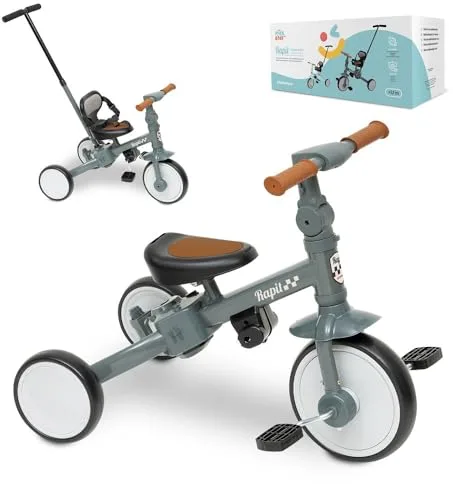 Triciclo Evolutivo de Bebé 5 en 1 Interbaby | Bicicleta Niños Desde 1 Año hasta 5 años | De Triciclo a Bicicleta con o sin Pedales | Adaptable y transformable | Gris