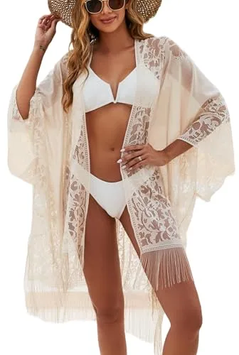 Kimono de Playa Blanco para Mujer, Estilo Elegante con Encaje y Flecos, Translúcido Vacaciones en la Playa y Más