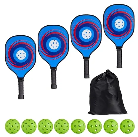 Relaxdays Kit de Pickleball, 4 Palas y 8 Pelotas, Juego de Raquetas Adultos, con Bolsa de Transporte, Madera, Multicolor