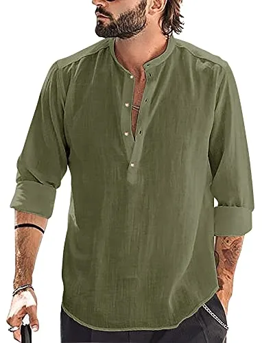 Runcati Camisa de lino de algodón para hombre, manga larga, cuello alto, camisa de playa, camisa de verano, camisas elegantes, verde oliva, L
