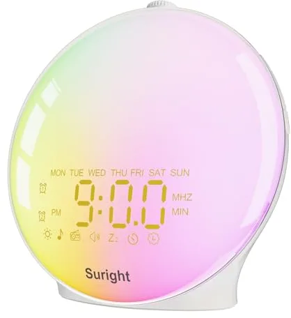 Suright Despertador de Luz,Despertador de Amanecer, Wake Up Light Simulación de Atardecer y Amanecer con Radio, 15 Sonidos Naturaleza, 2 Alarmas, Función Snooze, 18 Luces Colores, 20 Brillo
