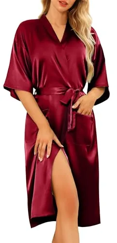 Lovasy Bata de Satén Mujer Largo Sexy Kimono Japones Batas de Casa Mujer Novia y Dama de Honor con Bolsillos y Cinturón,Rojo púrpura,M