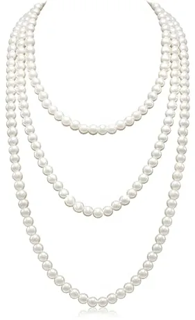 Tomedeks Collar de Perlas Largo de Imitación, 150 cm, Estilo Gatsby 1920 - Joyería de Disfraz Moda Decorativa (Blanco, A)