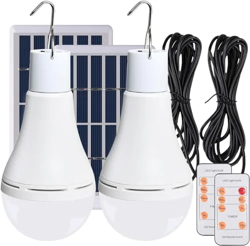 Luz Solar Interior Exterior 2PCS con Mando, Sensor Crepuscular, Solar/USB Recargable Lámpara Colgante Portátil, TechKen Bombilla LED Focos para Terraza Casa Jardin Emergencia Senderismo Tienda Camping