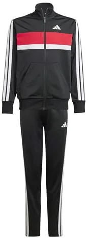 adidas Unisex - Bambini e ragazzi SEASONAL ESSENTIALS TIBERIO 3 STRIPES TRICOT TRACKSUIT, black/white/pure ruby, 7-8 Years