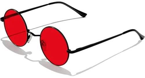 KANASTAL Gafas de Sol Redondas Rojas Hombre Mujer Retro Vintage Pequeñas Red Round Sunglasses Metal Circulos UV400 - Montura Negras con Lentes Rojas