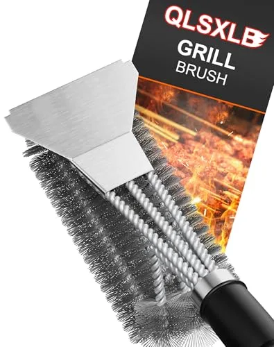 QLSXLB Cepillo Barbacoa de Limpieza, 3-in-1 Cepillo Barbacoa con Raspador y Mango de Aislamiento Térmico Grill Brush para Limpiar de Parrillas, Bandejas para Hornear, Redes para Asar