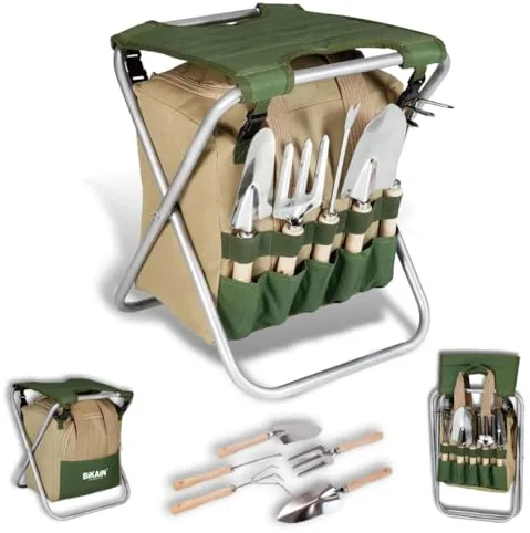 BIKAIN - Herramientas de Jardinería - Taburete Plegable + Bolsa + Herramientas - Kit de Jardinería - Bolsa de Almacemiento con Cremallera - Incluye 5 Herramientas con Mango de Madera