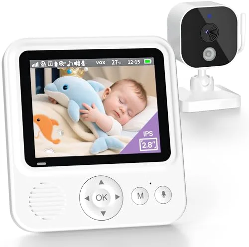 Vigilabebes con Cámara, Camara Vigilancia Bebe Inteligente con Pantalla HD 720P de 2.8'', 2000 mAh Batería, Zoom 2X 4X, VOX, Visión Nocturna, Monitoreo de Temperatura, Comunicación Bidireccional