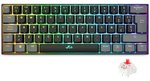 Rii RK802 Teclado Gaming Mecánico, 3 Modos de Conectividad, Retroiluminación RGB, 60% Layout Español (Interruptores Rojos)
