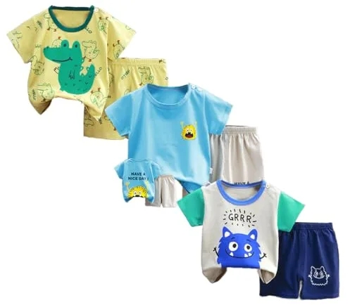 XM-Amigo Bebé Niños Conjunto de 3 Juegos de Manga Corta y Shorts de Media Manga, Piezas de 6 (con Hebilla en el Hombro, tamaño del Paquete: 55/80)