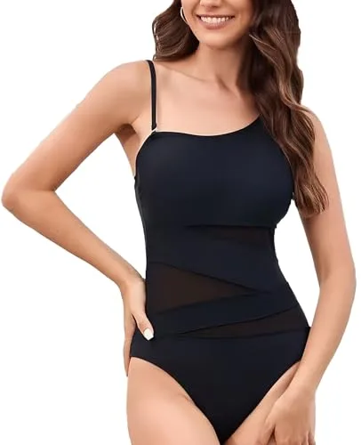USUN Trajes de Baño De Una Pieza para Mujer Alta Cuello en V Control de Barriga Fruncido Bañador Reductores Barriga Monokinis Cintura Vintage Push Up Sexy Slim Fit Cintura Alta Bikini
