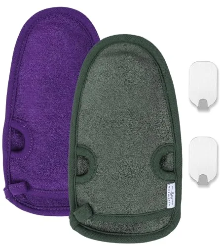 Belmalia 2x Manopla Exfoliante Fibra Vegetal Natural | Elimina Piel Muerta | Esponja de Baño Hamam | Guante Exfoliante Corporal Masaje con 2 Ganchos Metálicos | Piel Suave Revitalizada | Lila + Verde