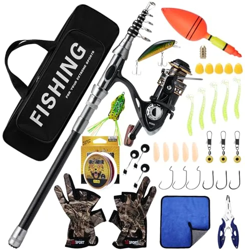 Geegear Juego de Caña de Pescar 2,1m, Caña de Pescar Telescópica de Fibra de Carbono y Carrete Giratorio, Kit de Pesca con Línea, Señuelos, Bolsa de Transporte, Combo de Pesca Accesorios