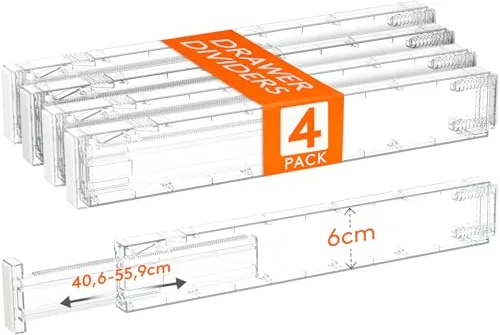 Lifewit Separador Cajones Ropa con Altura 6cm, 40-56 cm Divisores Cajones Extensible para Maquillaje/Camisetas, Organizador Almacenaje para Armario/Cocina/Tocador/Oficina, Paquete 4, Transparente