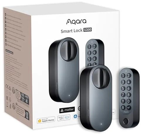 Aqara Cerradura Inteligente U200 con Lector de Huella Digital, Matter Over Thread, Cerradura Electronica Sin Llave con Apple Home Key y Batería Recargable, Soporta Apple Home, Google Alexa,Negro