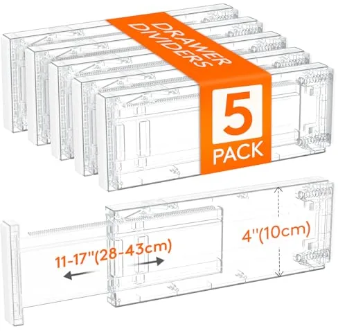 Lifewit Separador Cajones Ropa con Altura 10cm, 28-40 cm Divisores Cajones Extensible para Maquillaje/Camisetas, Organizador Almacenaje para Armario/Cocina/Tocador/Oficina, Paquete 5, Transparente