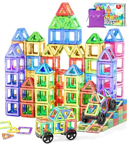 COOLJOYA Bloques Magneticos Construccion Niños, Construcciones Magneticas Bloques de Construcción Magnéticos, Educativo Montessori Juguetes Niños 3 4 5 6 7 8 Años, 50 Piezas Magneticas Niños