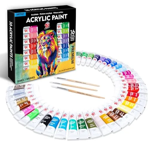 TBC Juego de Pintura Acrilica 36 x 12 ml, juego de Pintura Acrílica, Colores Básicos y Metálicos, Pinturas Acrilicas para Bricolaje, Piedra, Cerámica, Madera, Papel