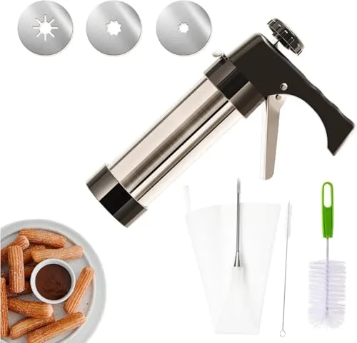 MUSLONG Churrera con 3 boquillas de diferentes formas, churrera para churros, bolsa de glaseado con boquillas para varias decoraciones, máquina de churros diámetro 5,6 x 21 cm