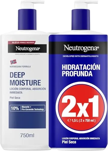 Neutrogena Fórmula Noruega Hidratación Profunda Loción Corporal de Absorción Inmediata (2 X 750 ml), crema hidratante corporal para piel seca, crema hidratante con Pro-Ceramida y Glicerina