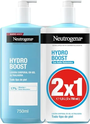 Neutrogena Hydro Boost Loción Corporal en Gel Ultraligera (Pack de 2 x 750 ml), crema hidratante corporal refrescante con Glicerina y Ácido Hialurónico para todo tipo de piel