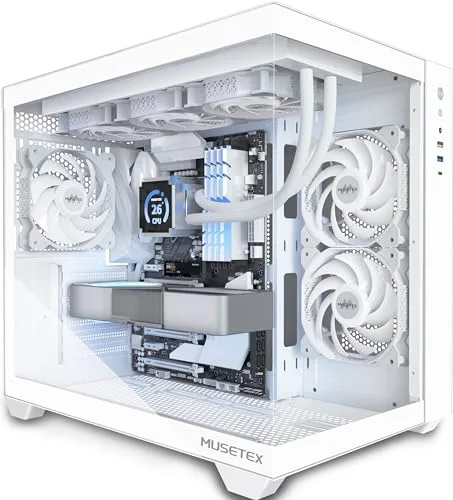 MUSETEX Caja PC ATX, Soporte 360MM RAD, 270° Vista Completa Cristal Templado Caja PC Gaming con Type-C, 3 Ventiladores No LED Pre-Instalados, Caja Ordenador Mid Tower ATX, Blanco, Y6