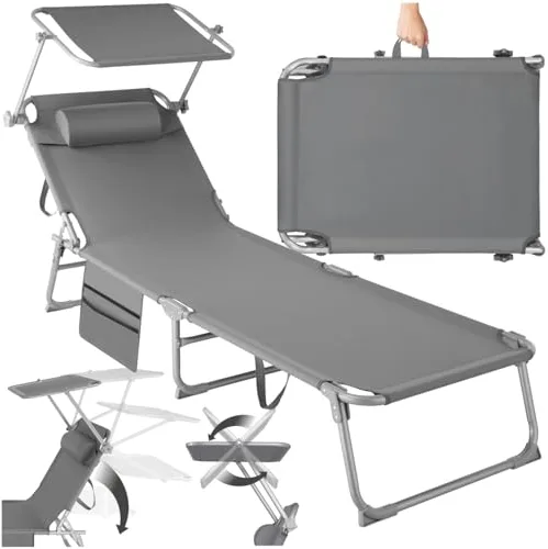 tectake® Tumbona Jardín Exterior de Acero, Tumbona Plegable con Reposacabezas, Parasol y Bolsillo Lateral, Tumbona Playa Reclinable 6 Posiciones, para Piscina Resistente a Intemperie - Gris