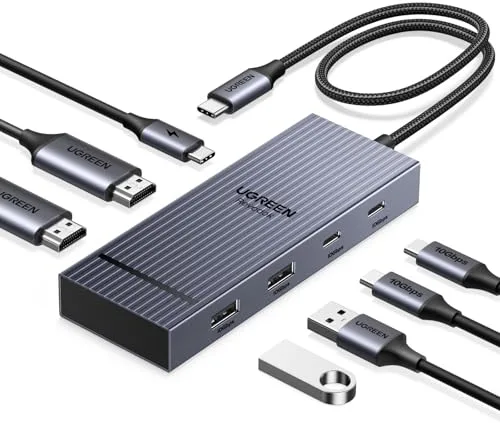 UGREEN Revodok Pro 207 10Gbps Hub USB C Doble HDMI 4K 60Hz PD 100W Docking Station 7 en 1 Adaptador Tipo C 3.2 Extensione de 2 Pantallas Diferentes para Windows