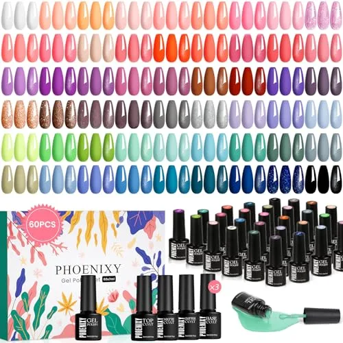 Phoenixy Esmaltes Semipermanentes para Uñas, 54+6 PCS Rosa Azul Morado Pintauñas Semipermanentes Kit Completo con Capa Base Capa Superior Capa Mate Capa Glitter, Art de Uñas de Regalo para Mujeres