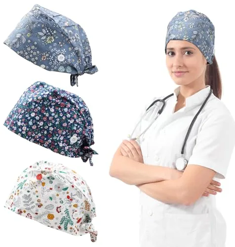 ZOCONE 3 Paquetes Gorro Quirofano Mujer Pelo Largo Ajustable Gorro Quirúrgico con Botones, Reutilizable Gorro Dentista Mujer y Hombre, Gorro Cocina Mujer Doctor Enfermera Sombrero (Motivo Floral)