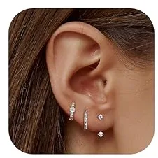 JeweBella 3Pares Pendientes Mujer Plata de Ley 925 Chapada en Oro de 14K Pendientes Pequeños Circonita Pendientes Aro Juego para Múltiples Piercings