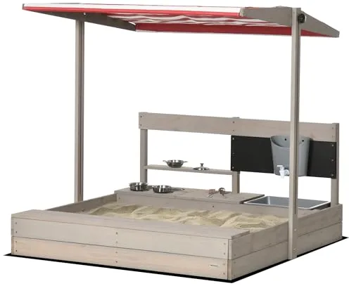 Outsunny Arenero para Niños de Madera con Techo Ajustable, Arenero Infantil con Juguetes de Cocina, Estante y 2 Asientos, Juego para Niños de 3-7 Años, para Patio, Jardín, 114x110x110 cm, Gris