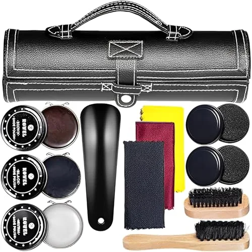 SQAQS 12 in 1 Kit de Limpieza de Zapatos para Cuidado de Cuero, Bolsa Negra, Kit de Brillo de Zapatos, para Lustrado de Calzado de Cuero con Cepillo de Pulido, Shoe Polish y Care Kit