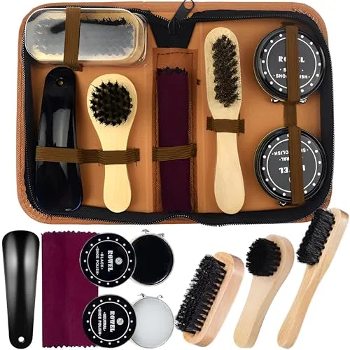 SQAQS 8PCS Kit de Limpieza de Zapatos para Cuidado de Cuero, Maleta Marrón, Kit de Brillo de Zapatos, para Lustrado de Calzado de Cuero con Cepillo de Pulido, Shoe Polish y Care Kit