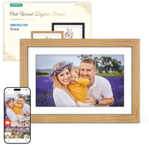 Marco de Fotos Digital WiFi Madera de Roble con 32GB Memoria, Marco Digital 10.1" con Pantalla Táctil IPS HD de 1280 * 800, Comparte Fotos/Videos a Través de la App Frameo, Regalos para Mujer Hombre