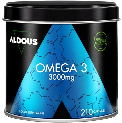 Omega 3 capsulas - 3000mg dosis diaria - 210 cápsulas - Omega 3 EPA y DHA - Aceite de Pescado - Vitamina E, Ácidos grasos - Colesterol, Visión, Cerebro - Más de 2 meses - ALDOUS