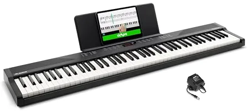 Alesis Teclado piano con 88 teclas y 480 sonidos, altavoces, MIDI USB, atril, adaptador de corriente y lecciones de piano para principiantes, sin Accesorios